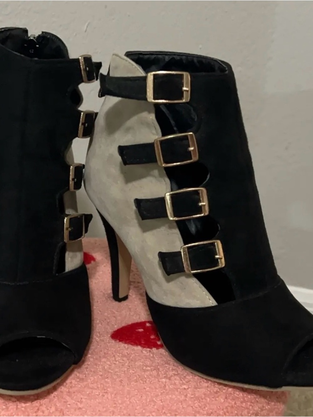 DSW Black and Cream Buckle Peep-Toe Stiletto Booties